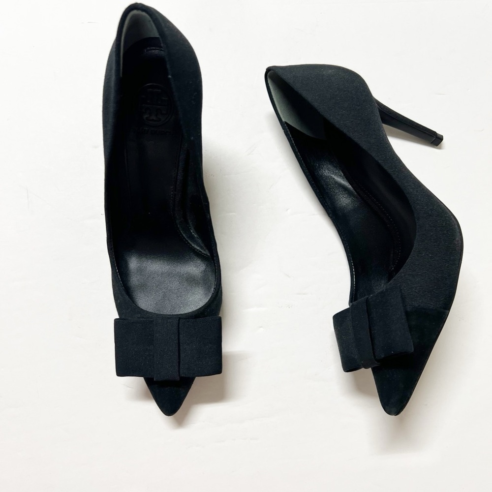 Tory Burch Aria Black Grosgrain Bow Suede Leather Pointed Toe Stiletto Heel 7M